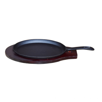 oval Pre-seasoned Cast Iron Sizzle Pan with Wooden Tray and Lifting Handle